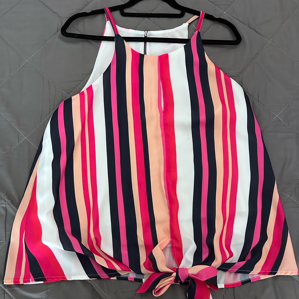 Striped spaghetti strap tie front blouse